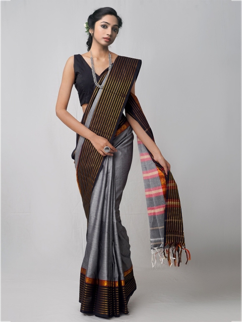 

Unnati Silks Grey & Black Woven Design Pure Cotton Pure Handloom Chettinad Saree