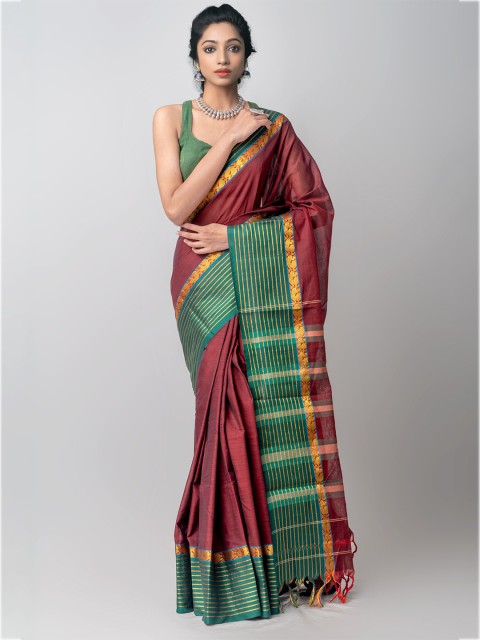 

Unnati Silks Maroon & Green Woven Design Pure Cotton Chettinad Saree