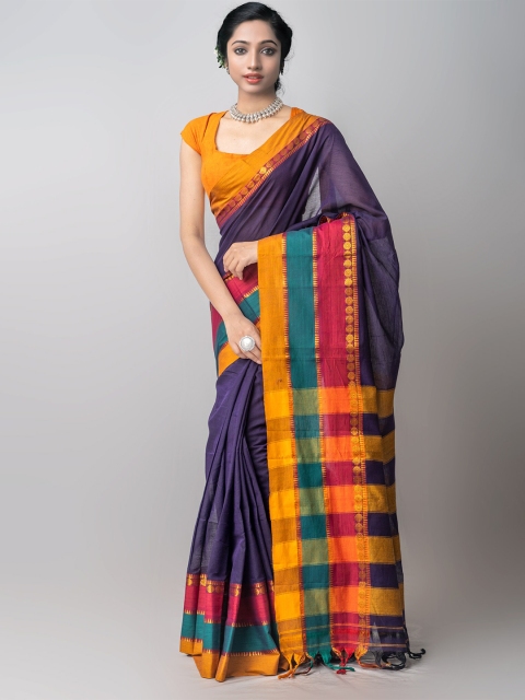 

Unnati Silks Navy Blue & Orange Striped Pure Cotton Handloom Narayan Peth Saree