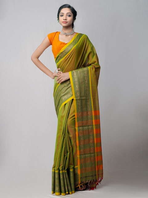 

Unnati Silks Green & Orange Woven Design Pure Cotton Pure Handloom Narayan Peth Saree