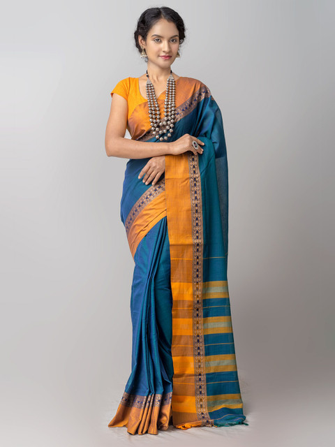 

Unnati Silks Blue & Mustard Woven Design Pure Cotton Kanjeevaram Saree