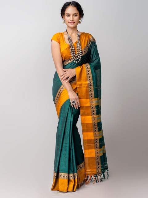 

Unnati Silks Green & Orange Woven Design Border Pure Cotton Kanjeevaram Handloom Saree