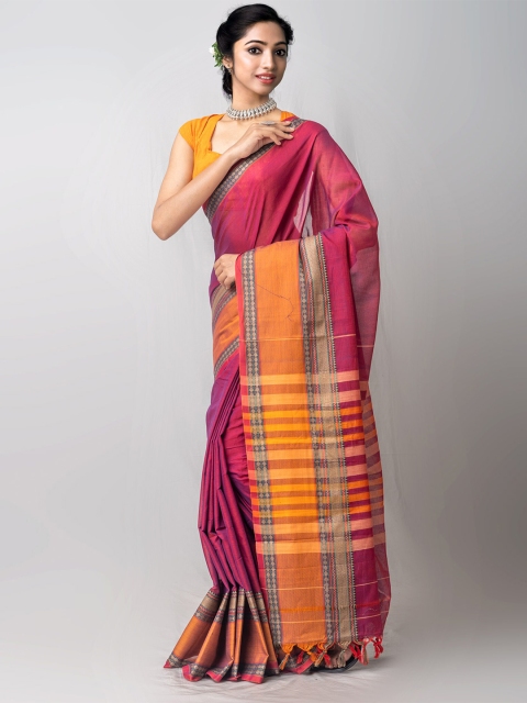 

Unnati Silks Pink & Mustard Striped Pure Cotton Handloom Kanjeevaram Saree