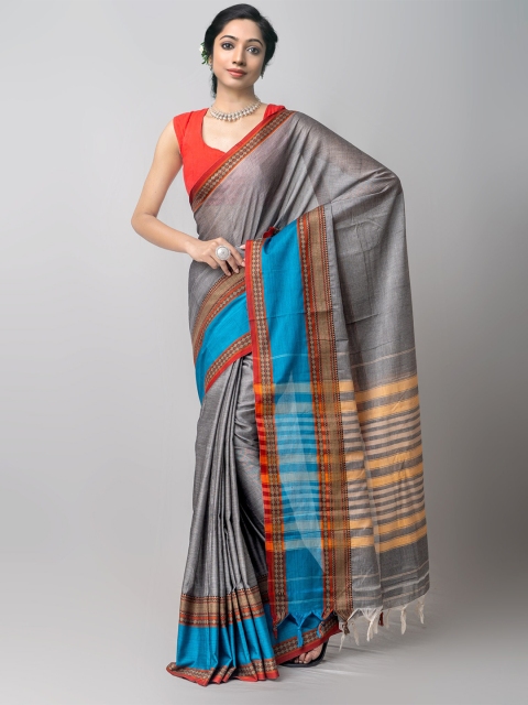 

Unnati Silks Grey & Blue Woven Design Pure Cotton Pure Handloom Kanjeevaram Saree