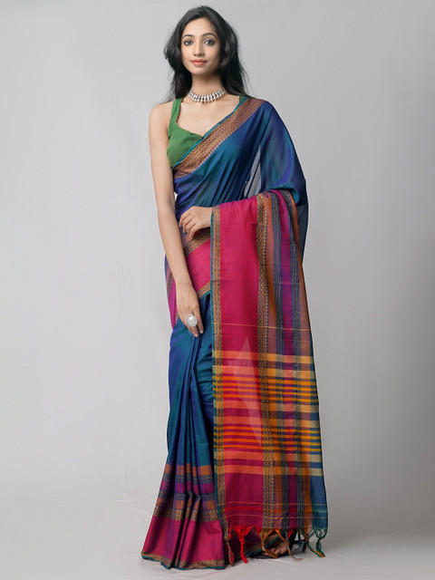 

Unnati Silks Teal & Pink Striped Pure Cotton Handloom Kanjeevaram Saree