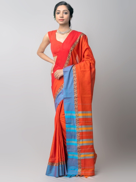 

Unnati Silks Rust & Blue Woven Design Pure Cotton Kanjeevaram Saree