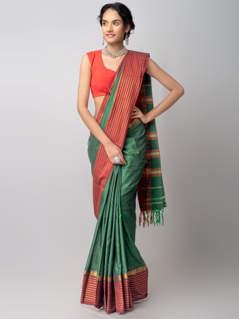 

Unnati Silks Green & Maroon Striped Pure Cotton Handloom Chettinad Saree
