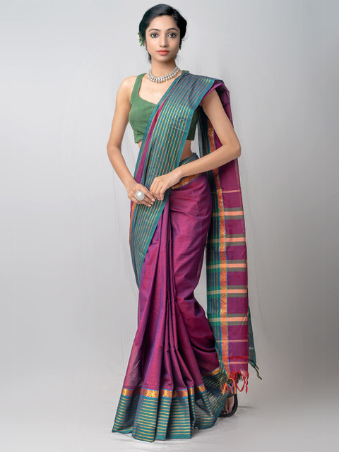 

Unnati Silks Purple & Green Woven Design Zari Pure Cotton Chettinad Saree