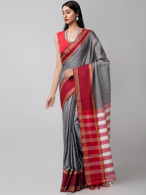 

Unnati Silks Grey & Red Striped Pure Cotton Chettinad Handloom Saree
