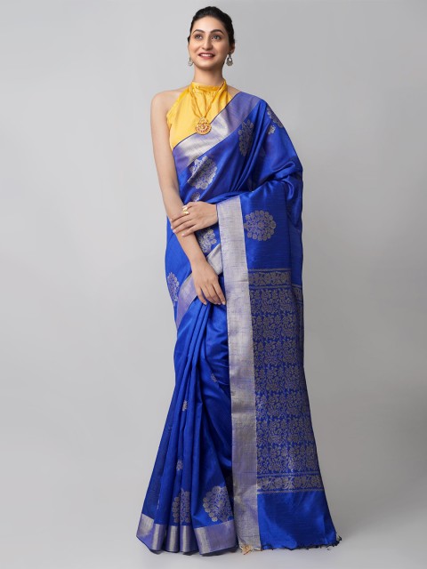 

Unnati Silks Blue & Silver-Toned Woven Design Zari Linen Blend Jamdani Saree