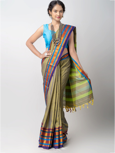 

Unnati Silks Green & Purple Zari Pure Cotton Narayan Peth Saree