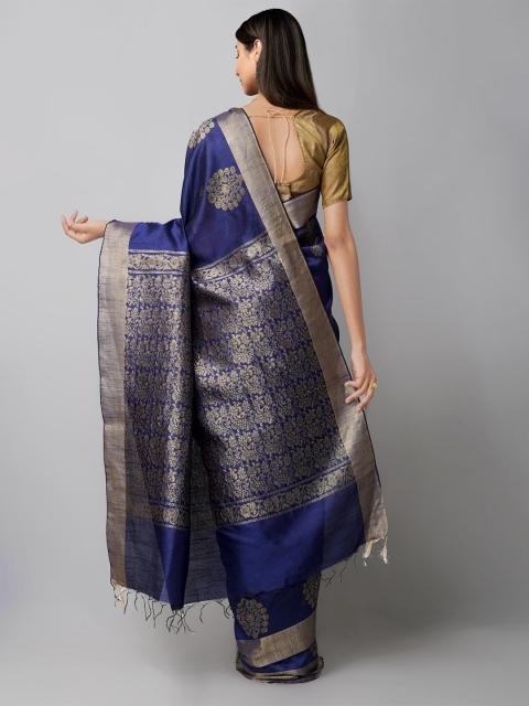 

Unnati Silks Navy Blue & Silver Toned Woven Design Linen Blend Jamdani Saree