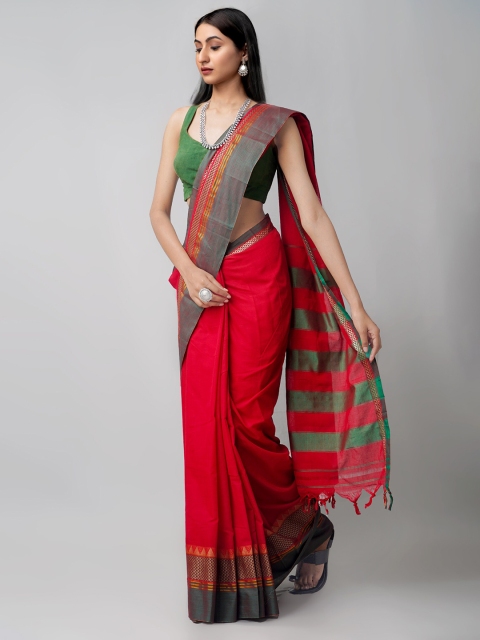 

Unnati Silks Red & Green Striped Pure Cotton Kanjeevaram Handloom Saree