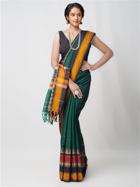 

Unnati Silks Green & Yellow Woven Design Pure Cotton Kanjeevaram Saree