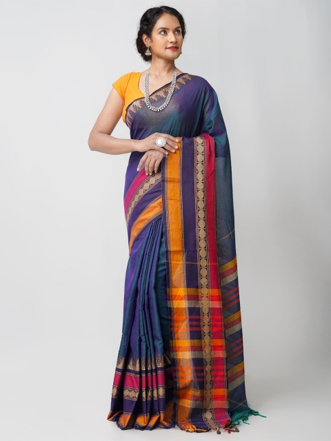 

Unnati Silks Blue & Yellow Woven Design Pure Cotton Kanjeevaram Handloom Saree