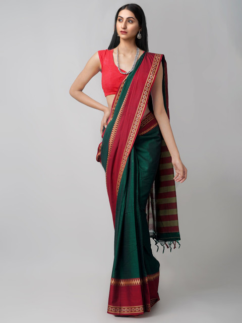 

Unnati Silks Green & Red Pure Cotton Handloom Pavani Chettinad Saree