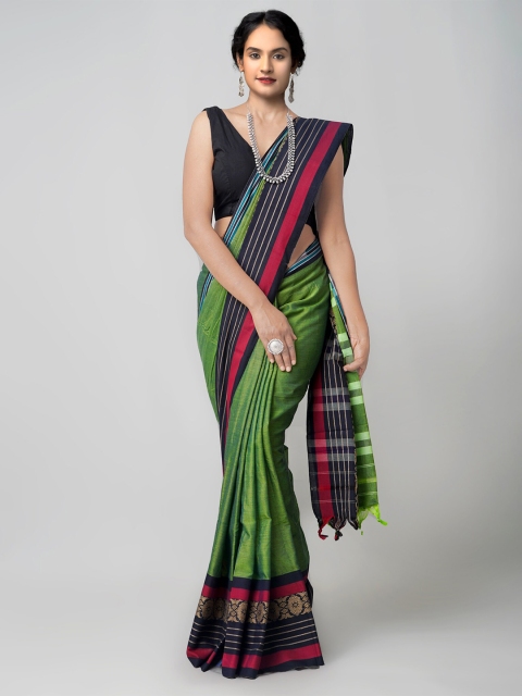 

Unnati Silks Green & Navy Blue Striped Pure Cotton Handloom Kanjeevaram Saree