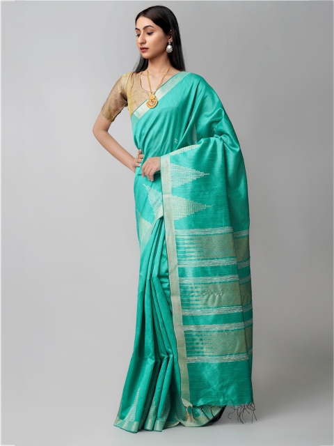 

Unnati Silks Green & Silver-Toned Woven Design Zari Linen Blend Jamdani Saree