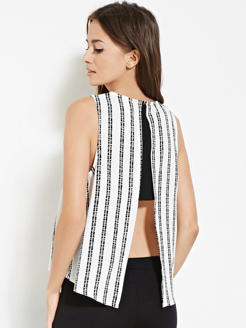 

FOREVER 21 Women White Striped Styled Back Top