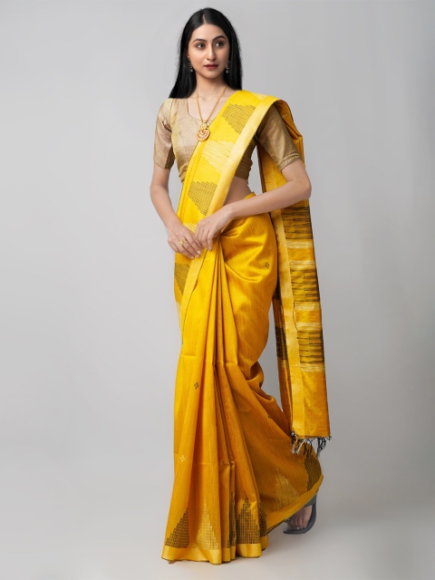 

Unnati Silks Yellow & Gold-Toned Woven Design Linen Blend Jamdani Saree