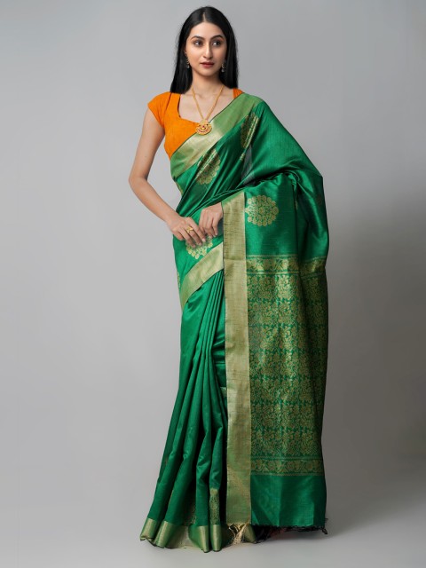 

Unnati Silks Green & Gold Toned Woven Design Linen Blend Jamdani Saree
