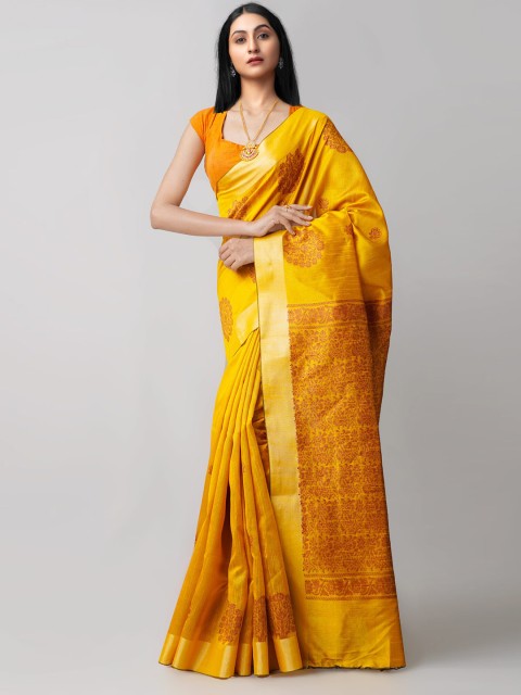 

Unnati Silks Yellow & Brown Woven Design Bengal Linen Blend Jamdani Saree