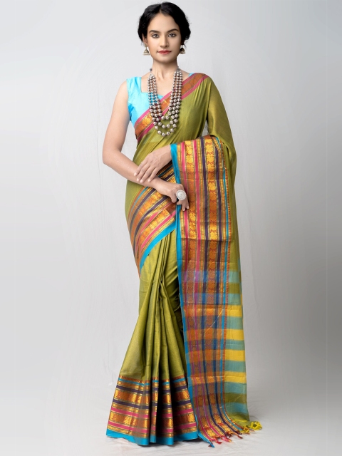 

Unnati Silks Green, Blue & Pink Striped Pure Cotton Handloom Narayan Peth Saree