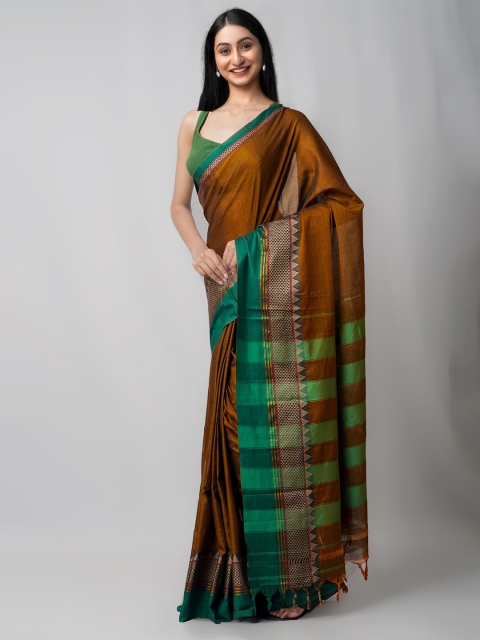 

Unnati Silks Brown & Green Pure Cotton Kanjeevaram Saree