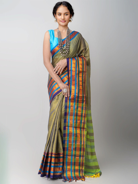 

Unnati Silks Green & Blue Woven Design Zari Pure Cotton Narayan Peth Saree