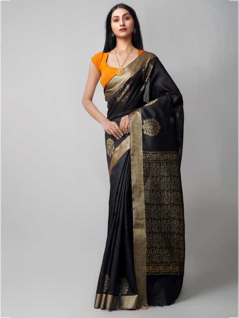 

Unnati Silks Black & Gold-Toned Woven Design Zari Linen Blend Jamdani Saree