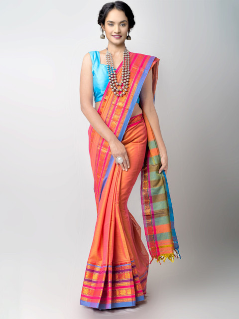 

Unnati Silks Orange & Pink Woven Design Pure Cotton Narayan Peth Handloom Saree
