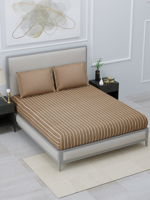 

Home Fresh Brown Striped 144 TC King Cotton Bedsheet with 2 Pillow Covers