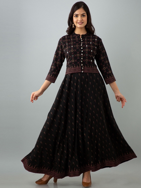 

KALINI Women Black Ethnic Motifs Printed Mirror Work Anarkali Kurta