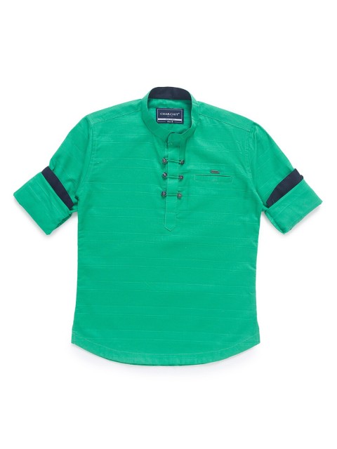 

CHARCHIT Boys Green Regular Fit Horizontal Stripes Casual Kurta Style Shirt