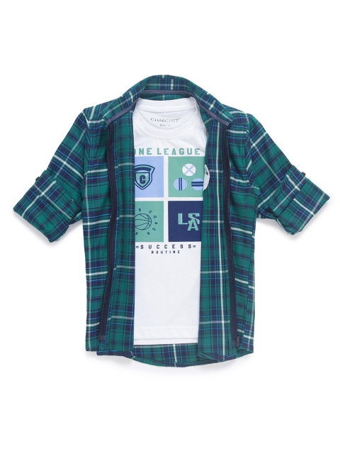 

CHARCHIT Boys Green & White Regular Fit Checked Casual Shacket