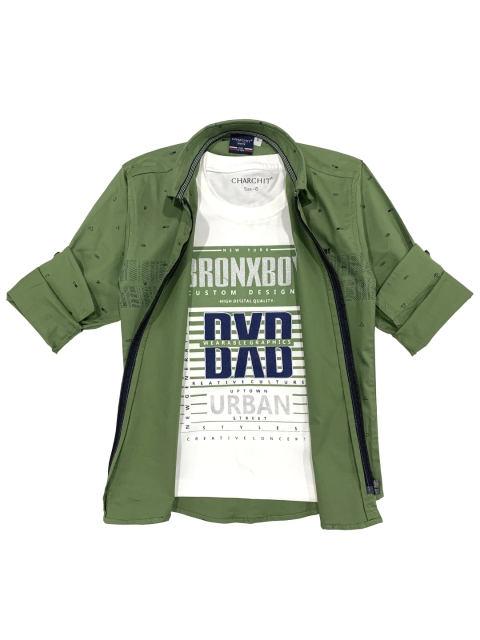 

CHARCHIT Boys Green & Black Regular Fit Printed Casual Shacket