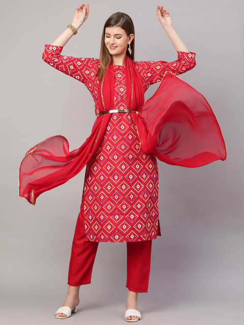 

KALINI Women Red Printed Kurta with Trousers & With Dupatta