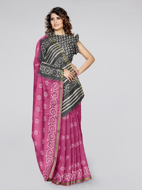 

KALINI Pink & Grey Batik Block Print Cotton Saree