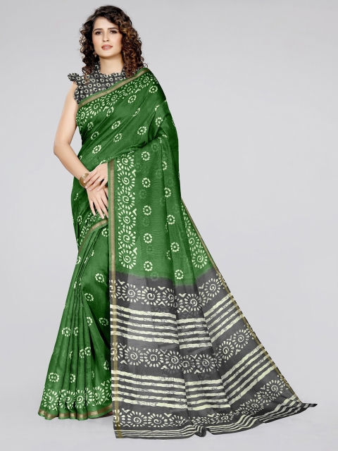 

KALINI Green & Grey Batik Zari Block Print Saree