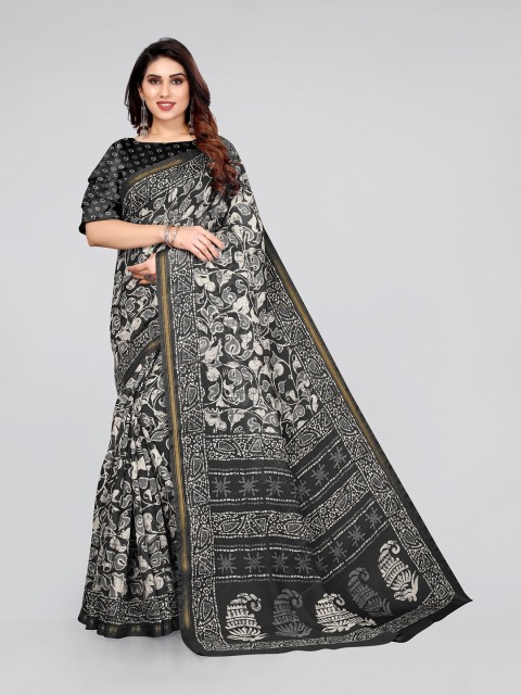 

KALINI Black & White Ethnic Motifs Printed Cotton Saree