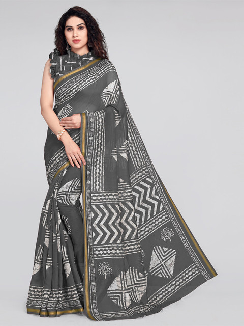 

KALINI Grey & Off-White Batik Printed Polycotton Saree