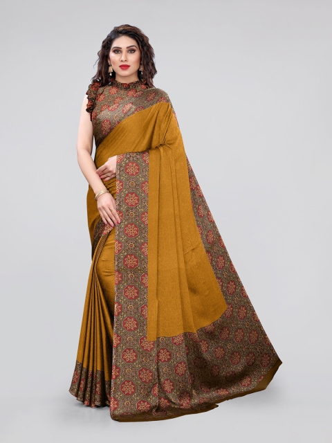 

KALINI Mustard & Maroon Floral Printed Poly Chiffon Block Print Saree