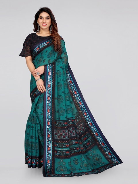 

KALINI Teal & Red Floral Printed Block Print Cotton Saree