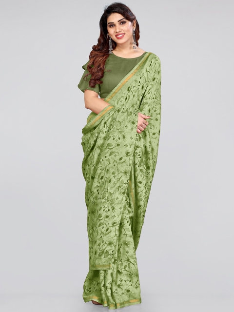 

KALINI Green & Gold Toned Floral Printed Cotton Bagh Saree