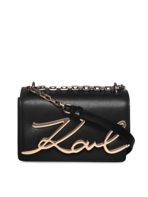 

LAGERFELD Black Leather Structured Handheld Bag with Applique