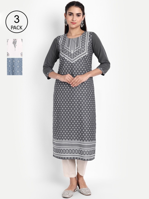 

KALINI Women Pack of 3 Floral Printed Crepe Kurta, Black