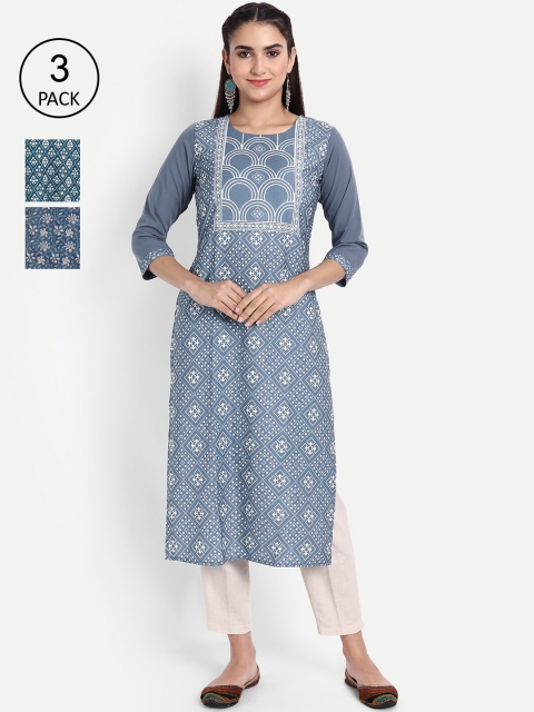 

KALINI Women Pack of 3 Printed Crepe Kurtas, Grey