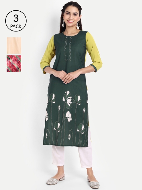 

KALINI Women Pack of 3 Ethnic Motifs Printed Crepe Kurta, Green