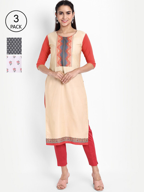 

KALINI Women Pack of 3 Printed Crepe Kurtas, Pink