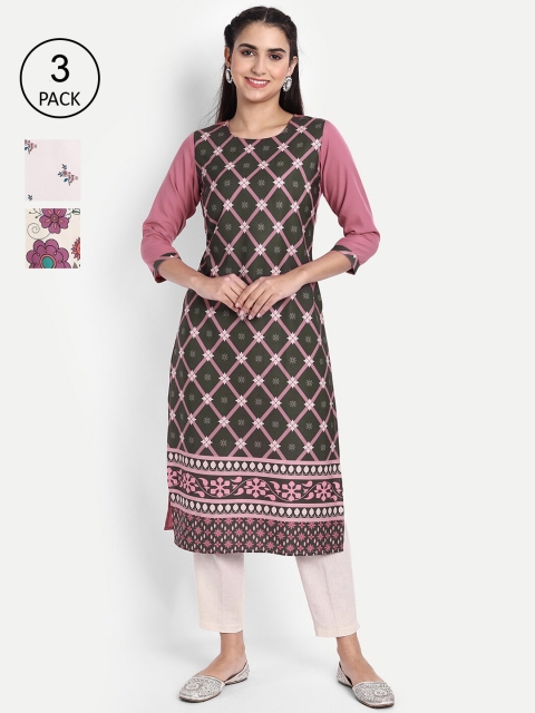 

KALINI Women Pack of 3 Ethnic Motifs Printed Crepe Kurta, Green